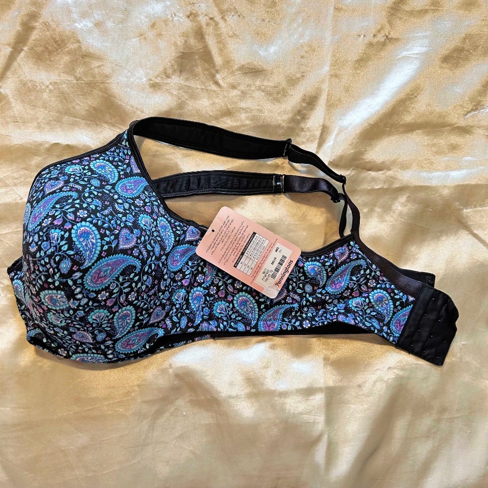 PADDED BRA, SIZE 46D, BLUE PURPLE AND BLACK, HOOKS IN BACK, BY PENNINGTONS,